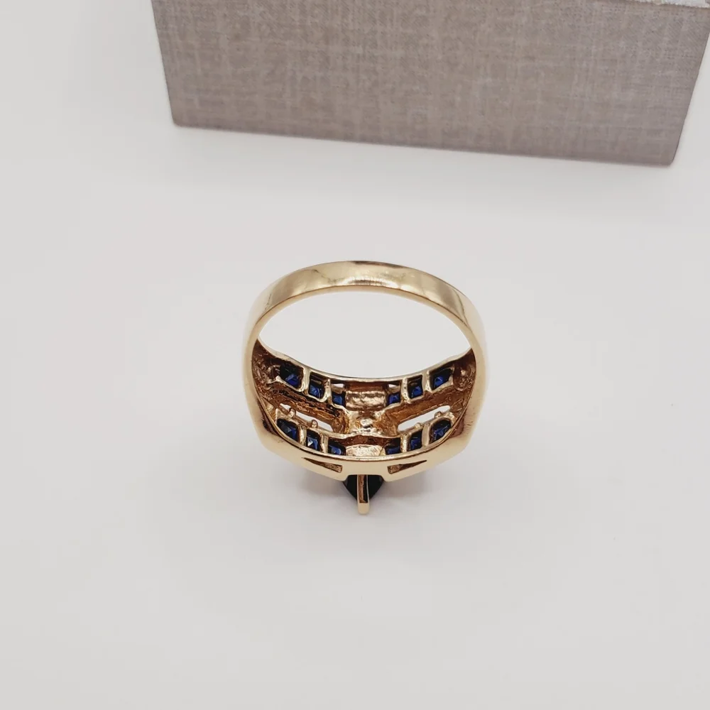 10k Solid Yellow Gold Genuine Marquise Blue Sapphire & Diamond Statement Ring